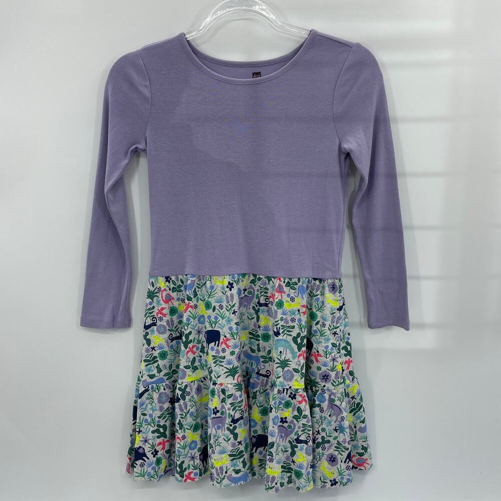 TEA Dress Long Sleeve Skirted Girls Size 10 Purple Woodland Animal Print Jersey